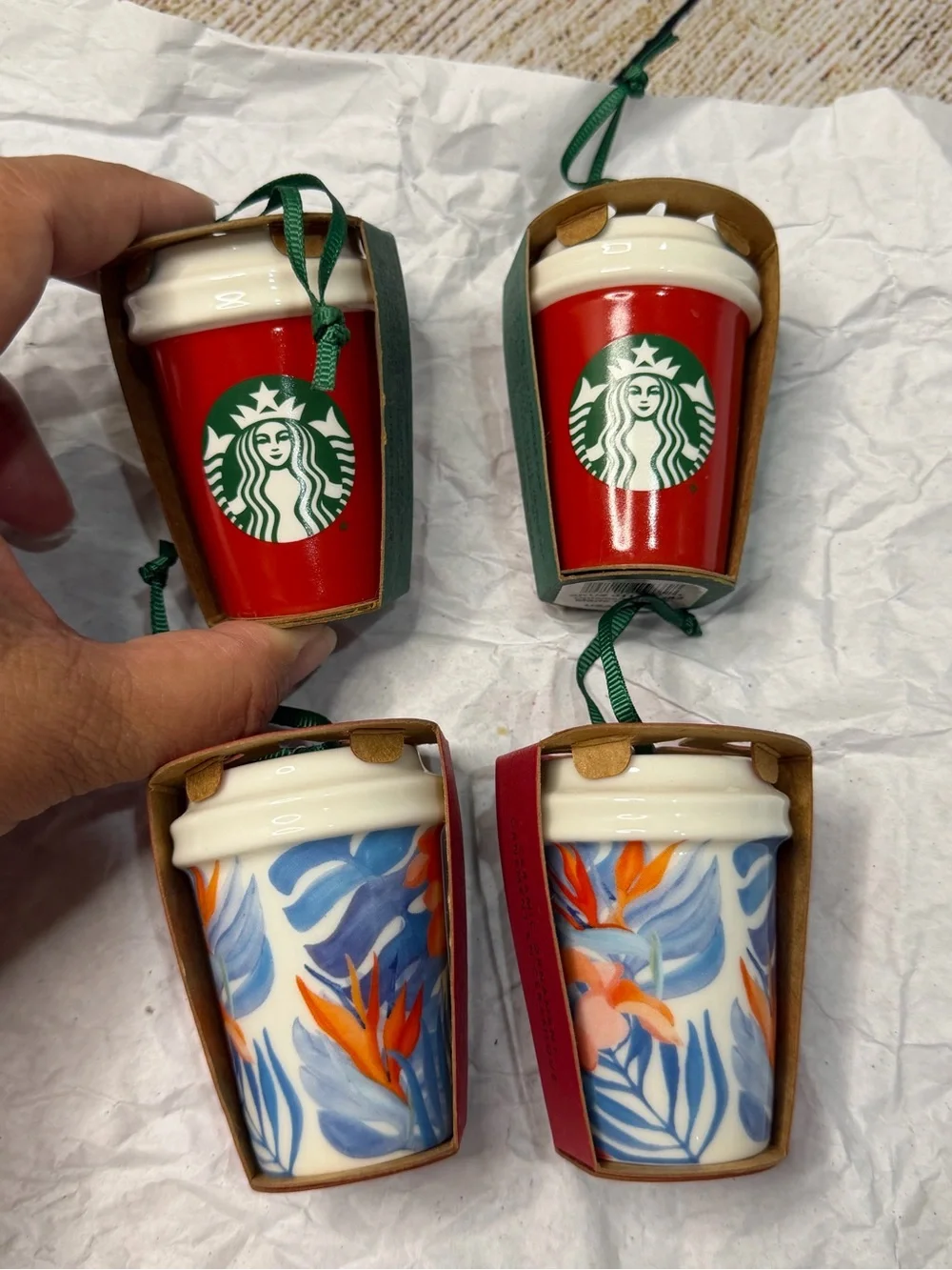 Set of 4 Starbucks Red and Blue Hawaii Ceramic Cup Ornaments 2015 & 2016